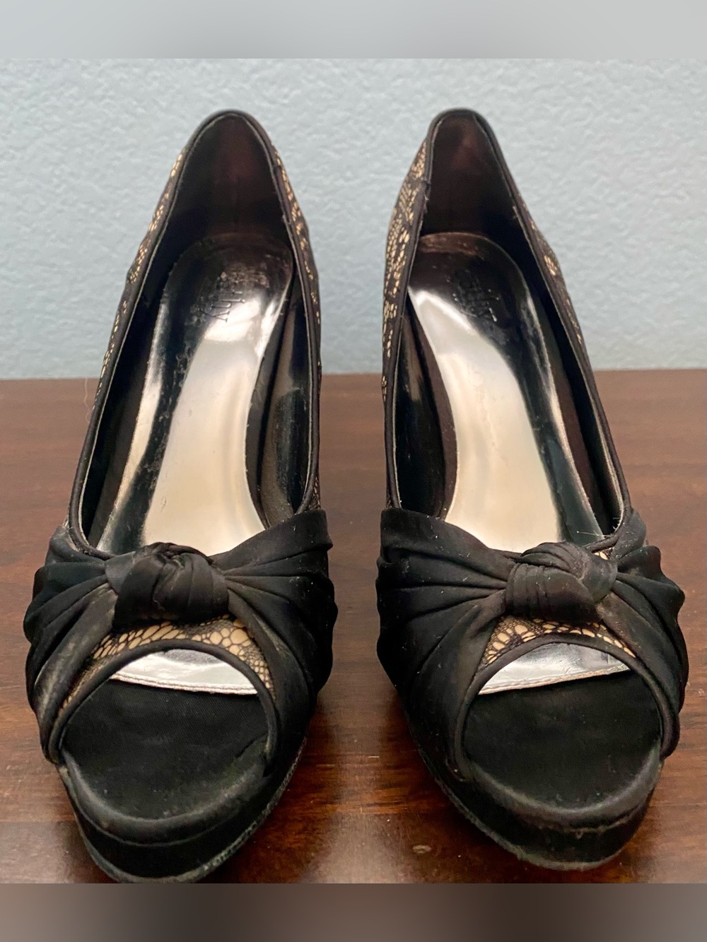 Cathy Jean Black Peep-Toe Knot Lace Accent Heels
